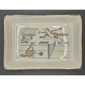 Vintage Delano Studios 1962 Hand Colored Trinket Dish Raccoons Playing Tennis